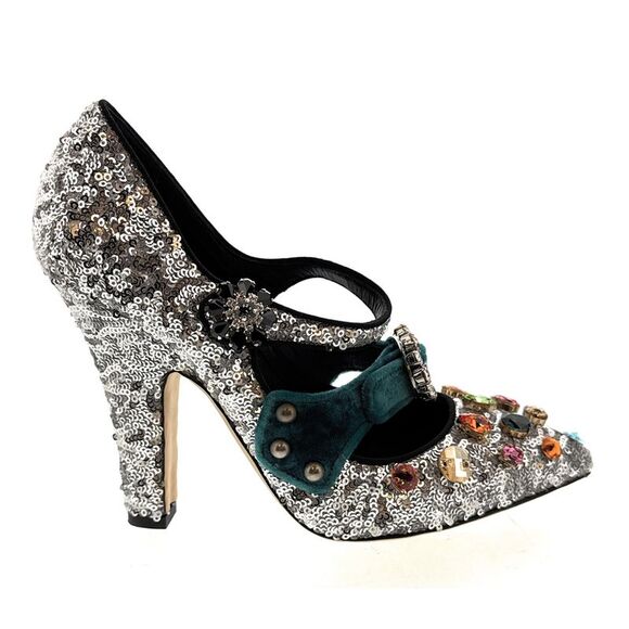 Dolce & Gabbana Silver Sequin Mary Jane Pumps with Jeweled Velvet Strap-39